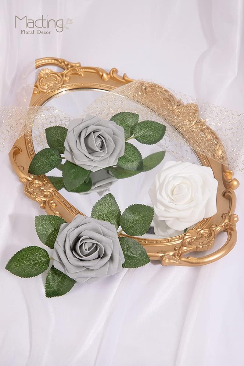 30PCS Artificial Rose Flowers Fake Flowers with Stem Real Touch Foam Roses(Grey) gallery