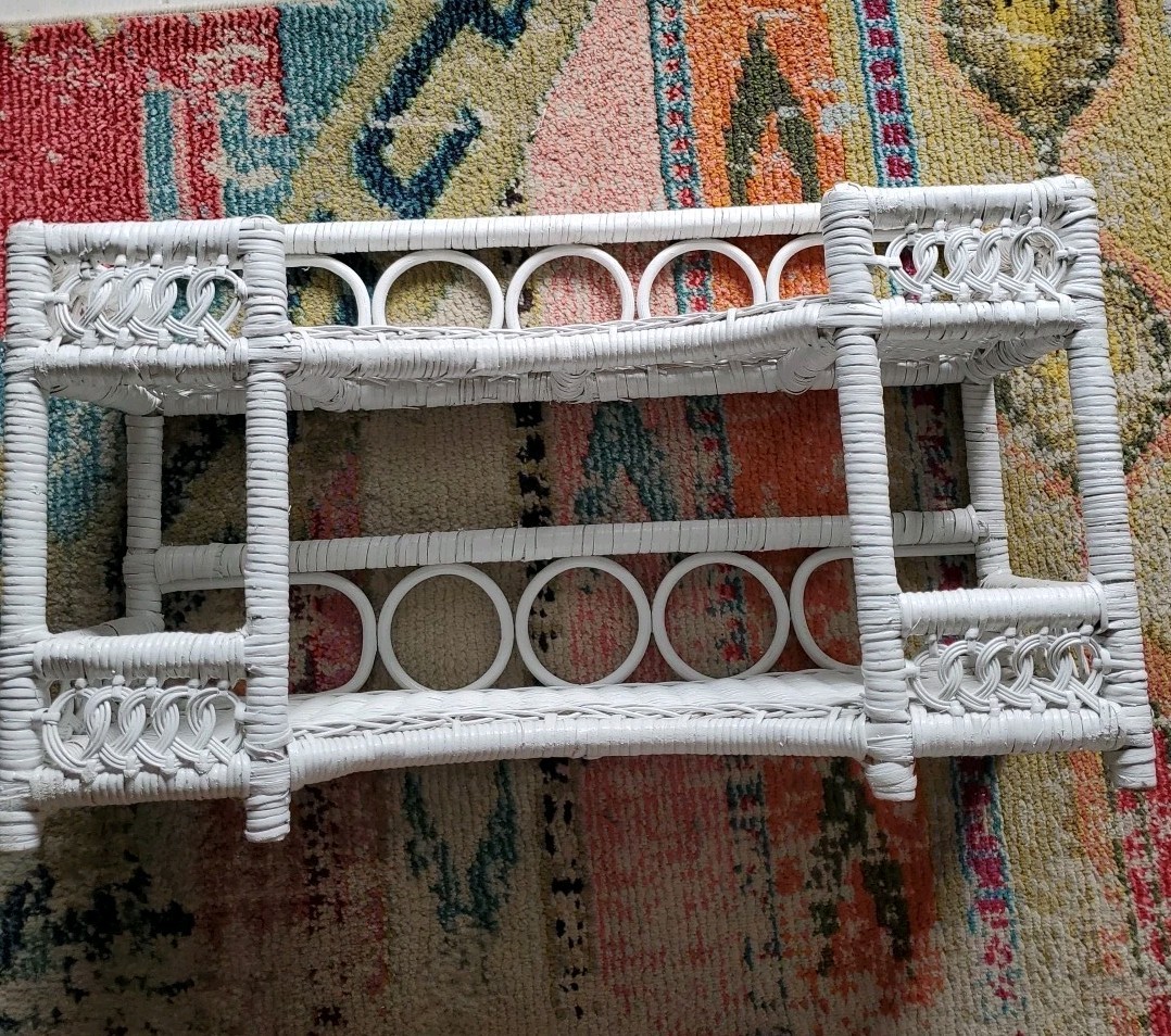 Wicker Rattan 2 Tier Shelf Wall Mount/Tabletop White Vintage 22" Cottagecore gallery