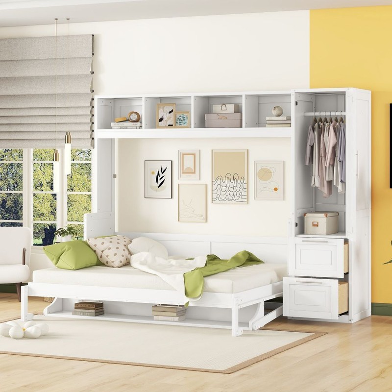 Full Queen Size Murphy Wall Bed with Closet and Drawers Space Saving Wood Bed gallery