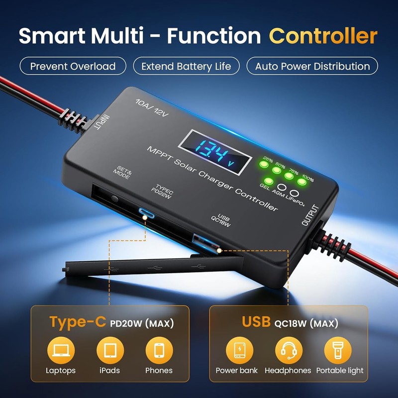 Solar Charge Controller 12V 20A Type-C USB for Solar Panel Gel, AGM LiFePO4 New gallery