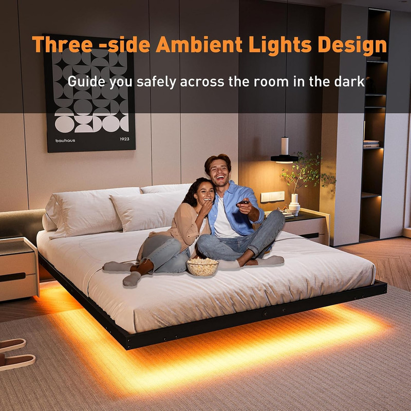 Modern King Size Floating Bed Frame with LED Lights & Charging Station gallery