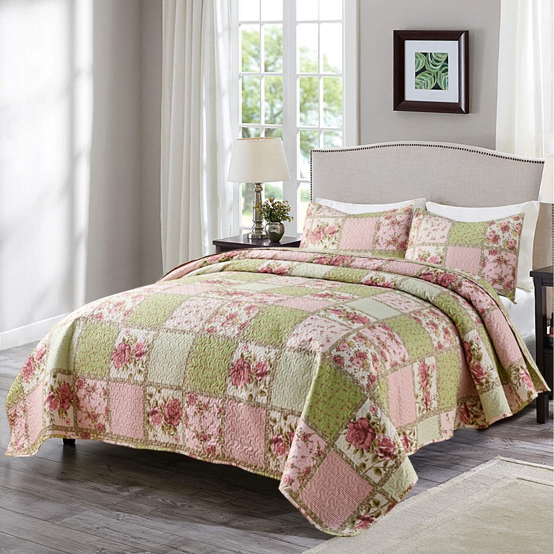 Floral Patchwork Boho Style Quilted Reversible Coverlet All Season Bedspread Set gallery