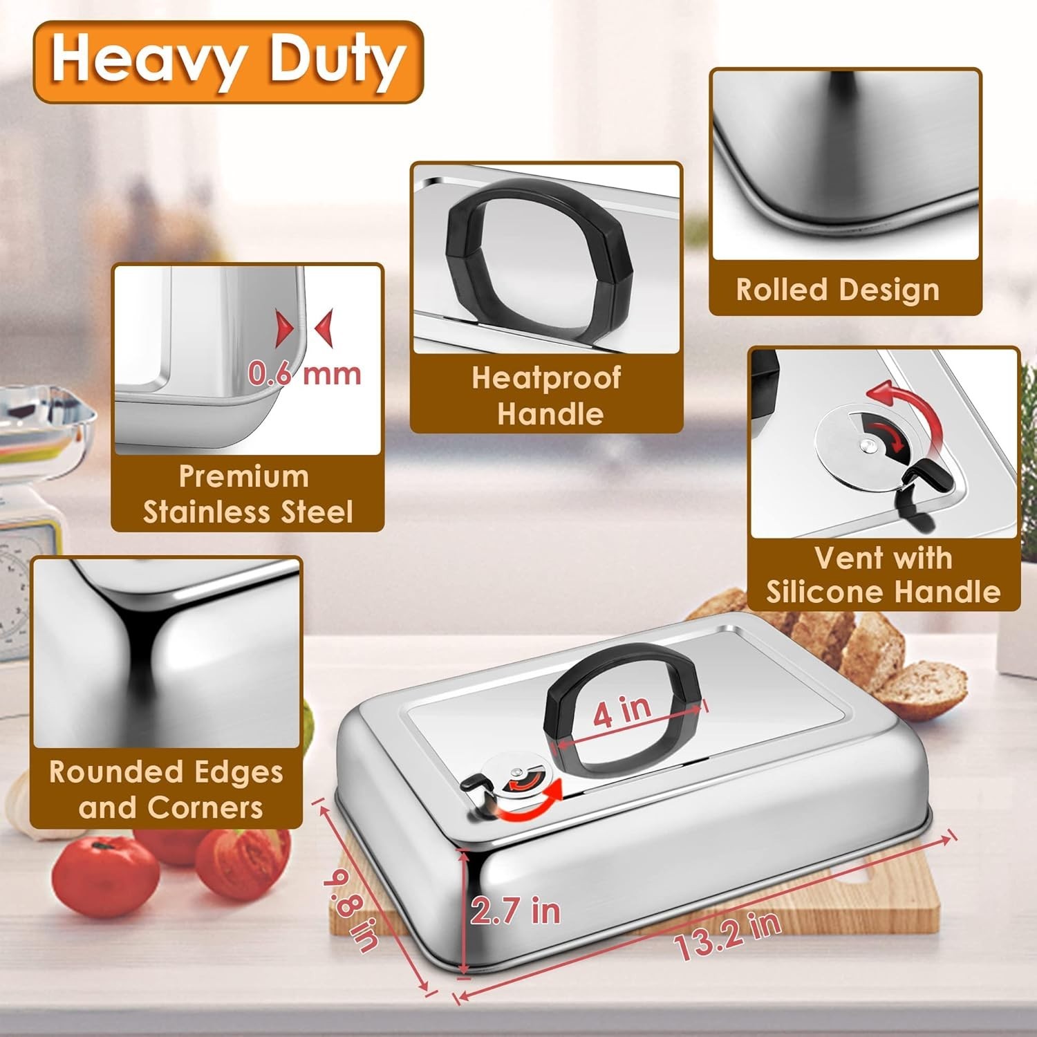 13 X 9 Inch Rectangular Basting Cover Set of 2, Stainless Steel Cheese Melting D gallery