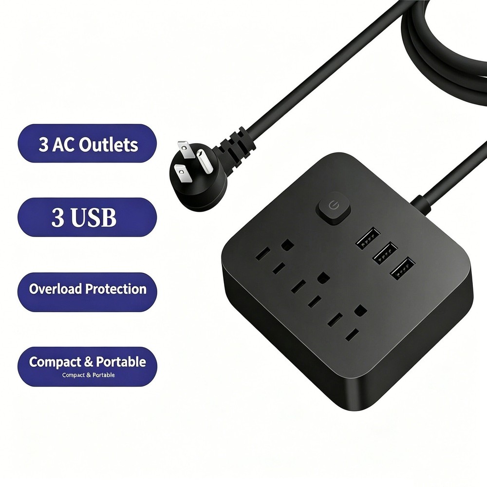 Flat Plug Power Strip with 3AC Outlets & 3 USB Port Protector Extension Cord 4FT