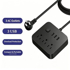 Flat Plug Power Strip with 3AC Outlets & 3 USB Port Protector Extension Cord 4FT