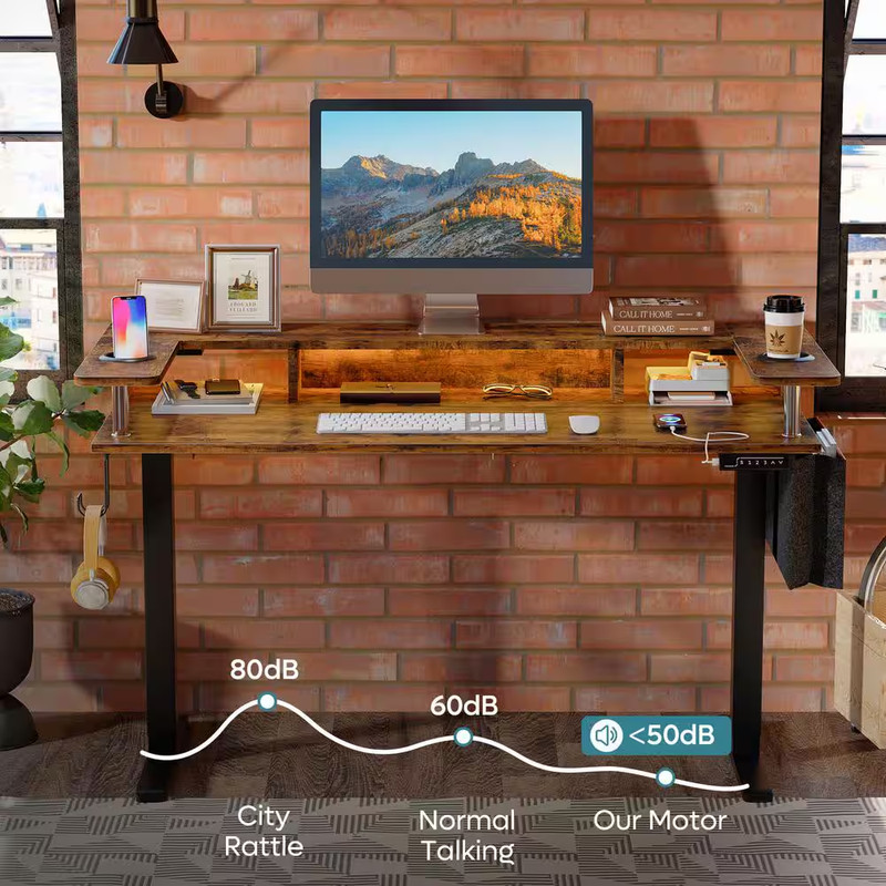 58 In. Rectangular Rustic Brown Wood Sit to Stand Desk with Monitor Stand and Cu gallery