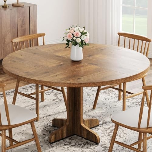 Round Dining Table for 4, 47 Inches Circle Dining Room Table with Wooden Brown gallery