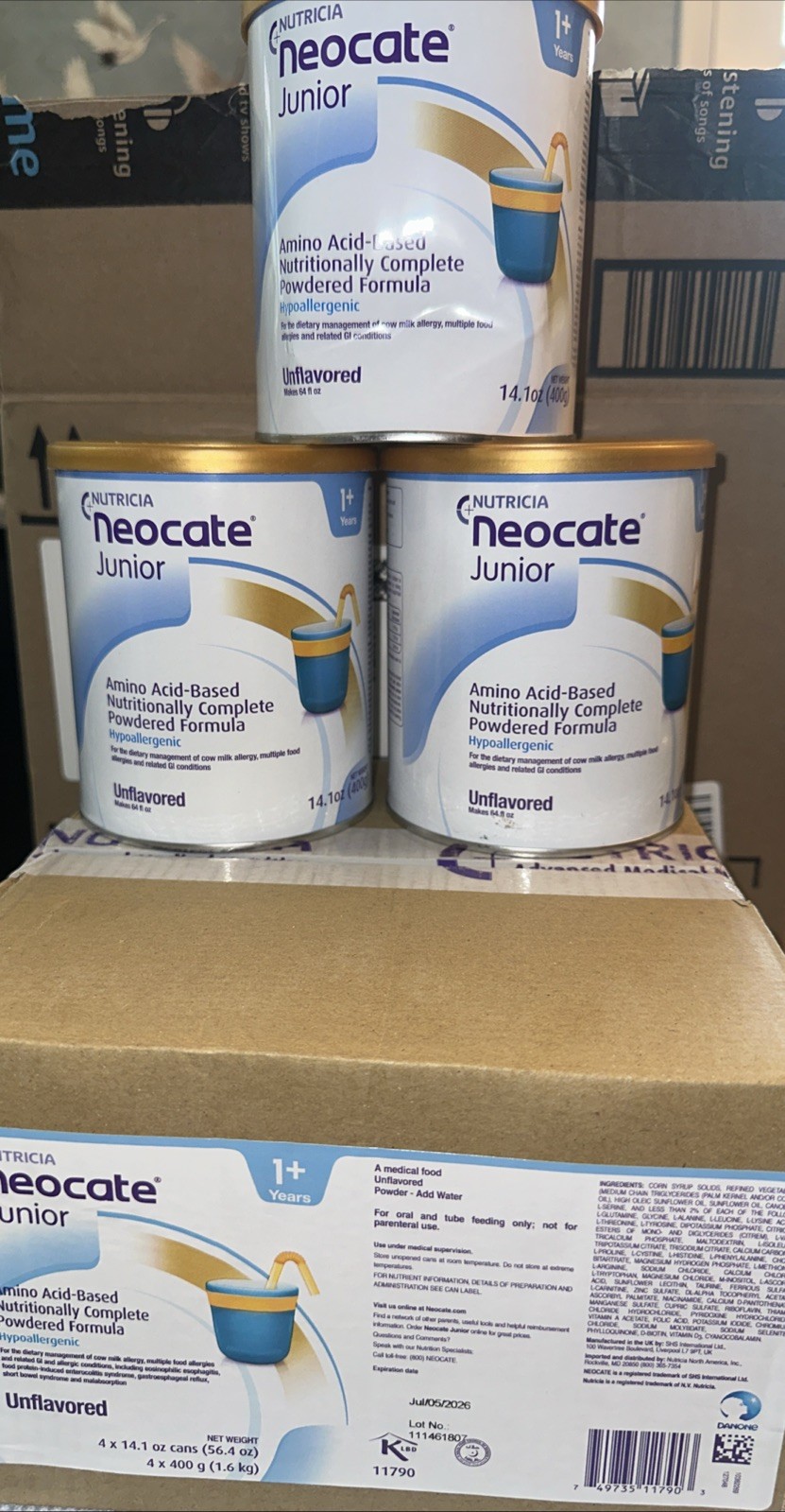 7 CANS Neocate JR JUNIOR UNFLAVORED FORMULA Hypoallergenic 14.1 oz Exp 07/05/26 gallery