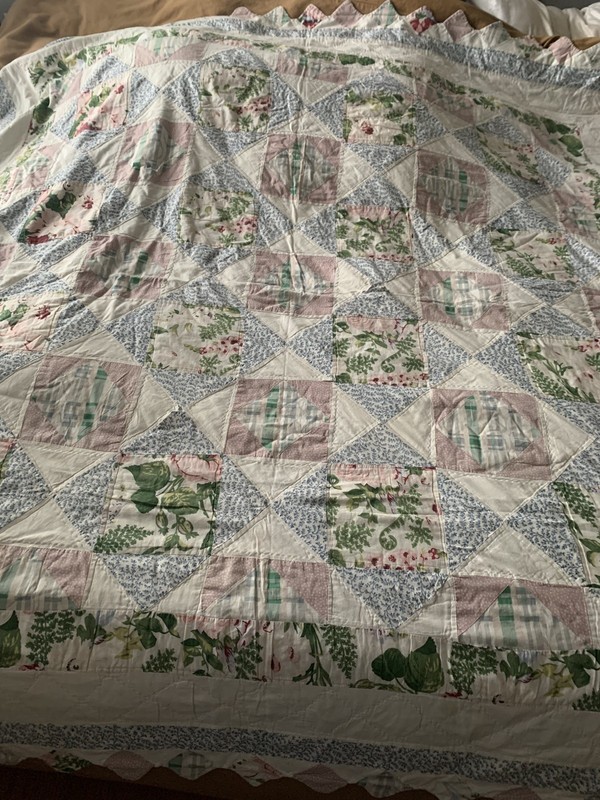 Vtg Country Patchwork Farmhouse Quilt & Sham 78” X 82” Pink & Blue Cottage gallery