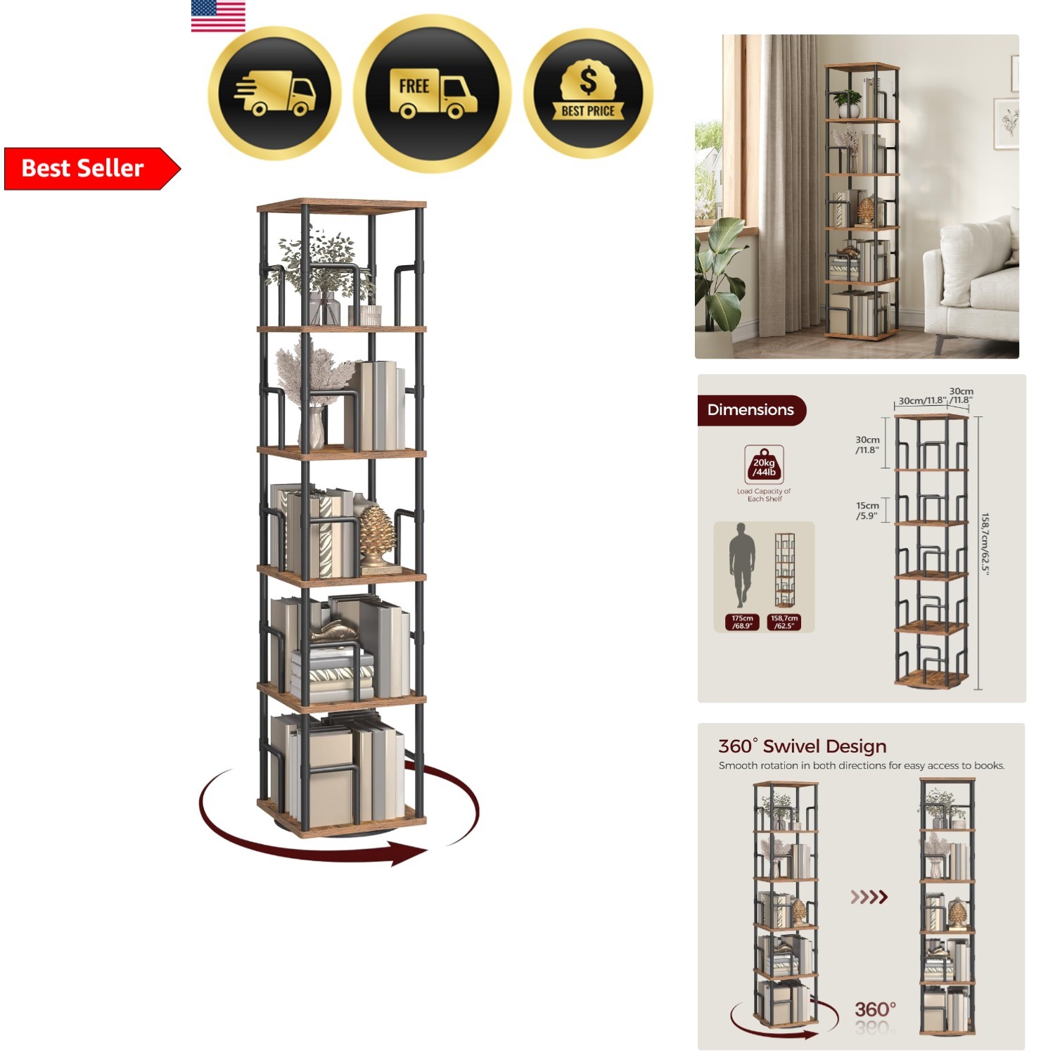 Rotating Bookshelf Corner Shelf 5 Tier Space Saving Spinning Bookcase gallery