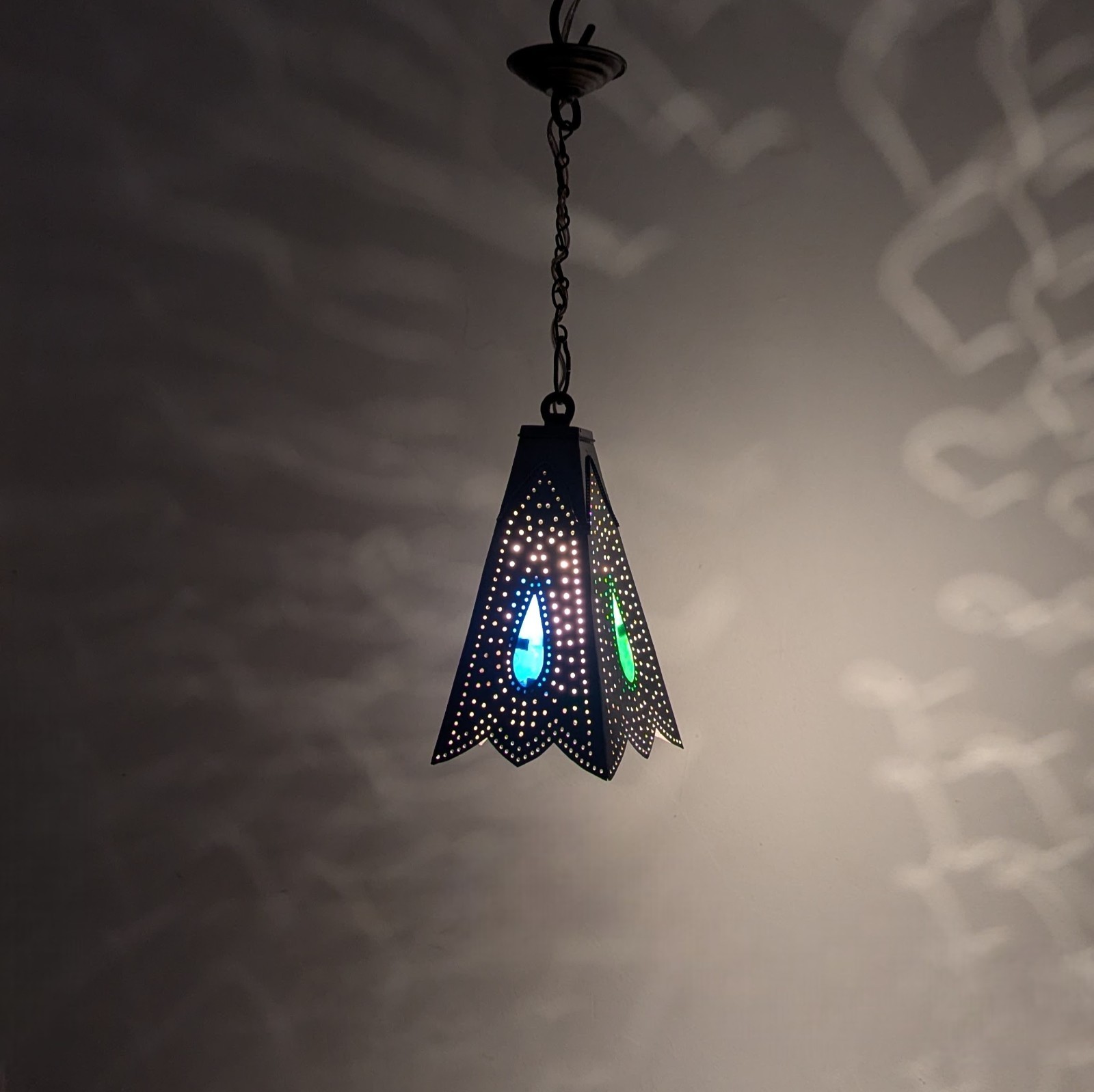 B199 Islamic Brass Pendant Lamp — Square Pyramidal Openwork with Colored Glass gallery