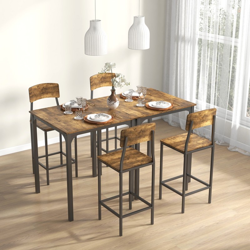 3 Piece Pub Table Set, Square Dining Table & 2 Stools, Rustic Brown/Black gallery