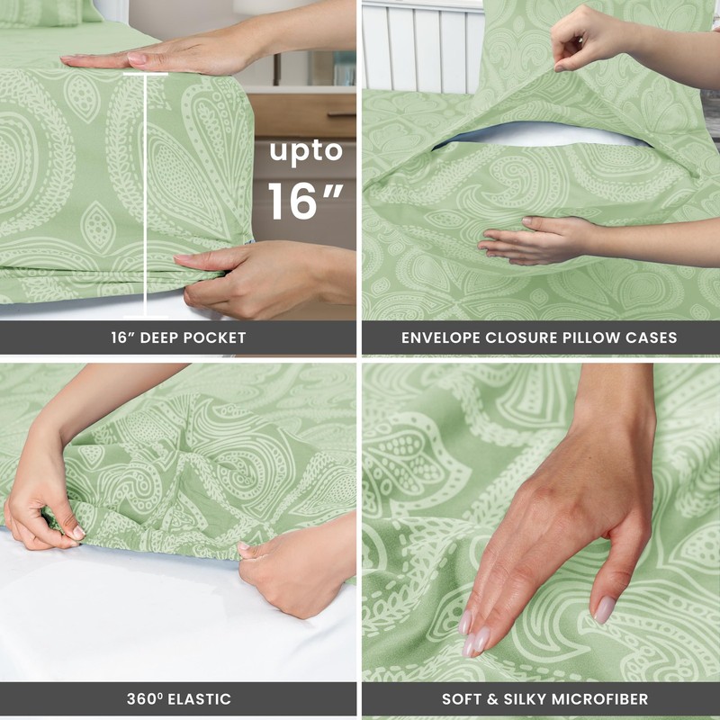 BED SHEETS Pillowcases Microfiber King Paisley Sage 6 Pc LUX DECOR COLLECTION gallery