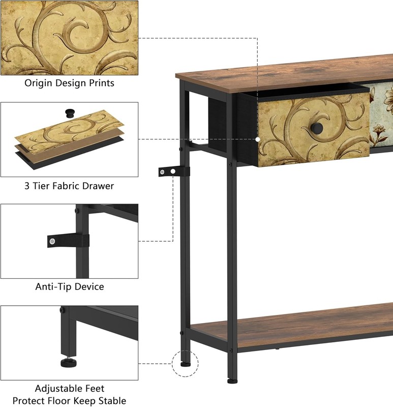 Entryway Console Table Rustic Brown Boho Sofa Table 3 Fabric Drawers Shelf gallery