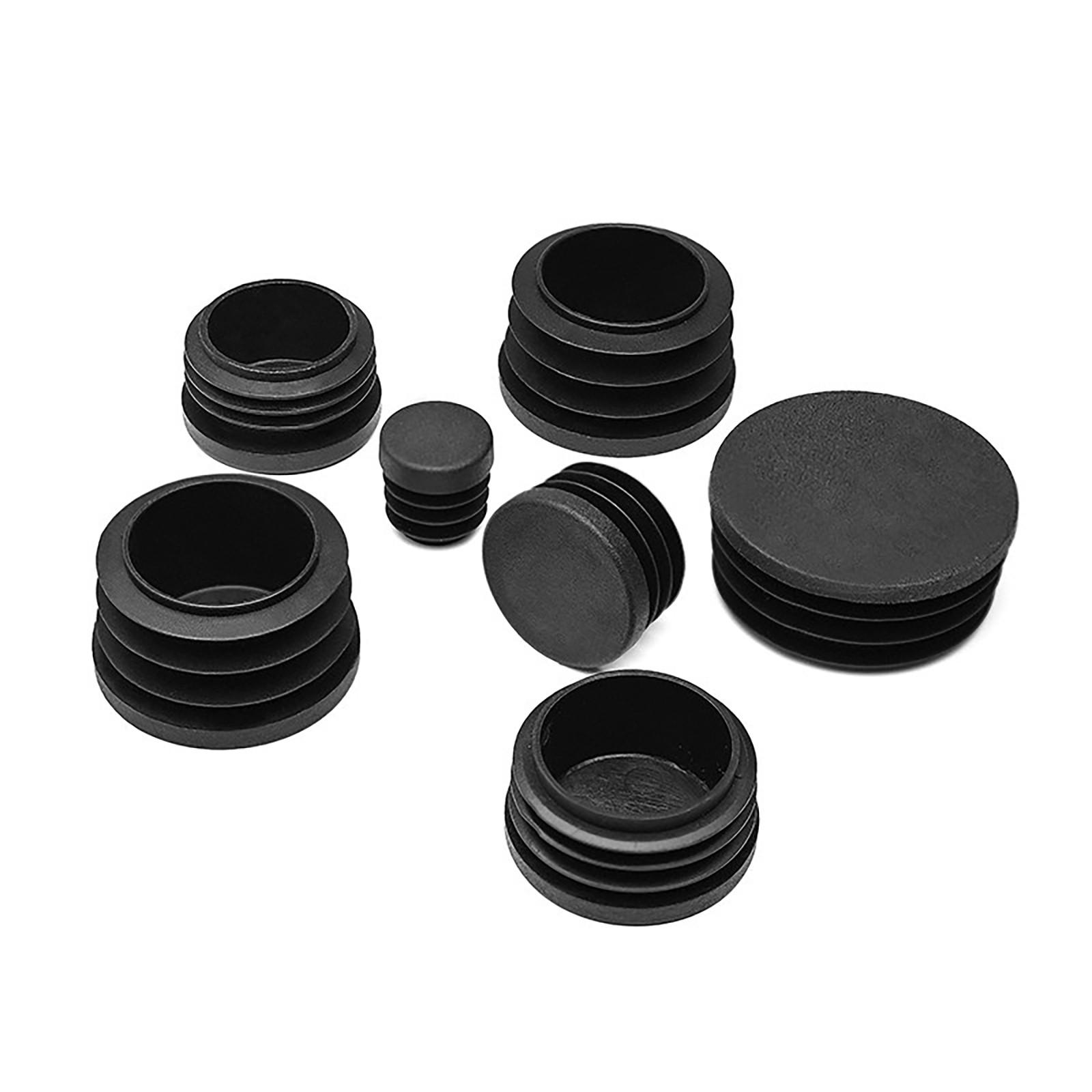 Round Plastic End Caps Tube Plugs Ribbed Inserts Furniture Feet Chair Leg Black gallery