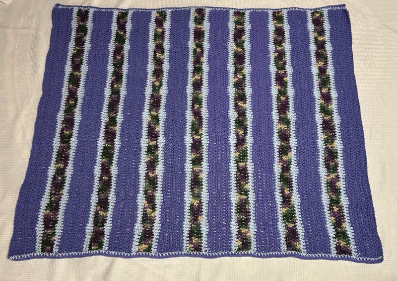 Handmade Crocheted Afghan Throw Lap Blanket Purple & Multi Stripe 48” x 41” NEW gallery