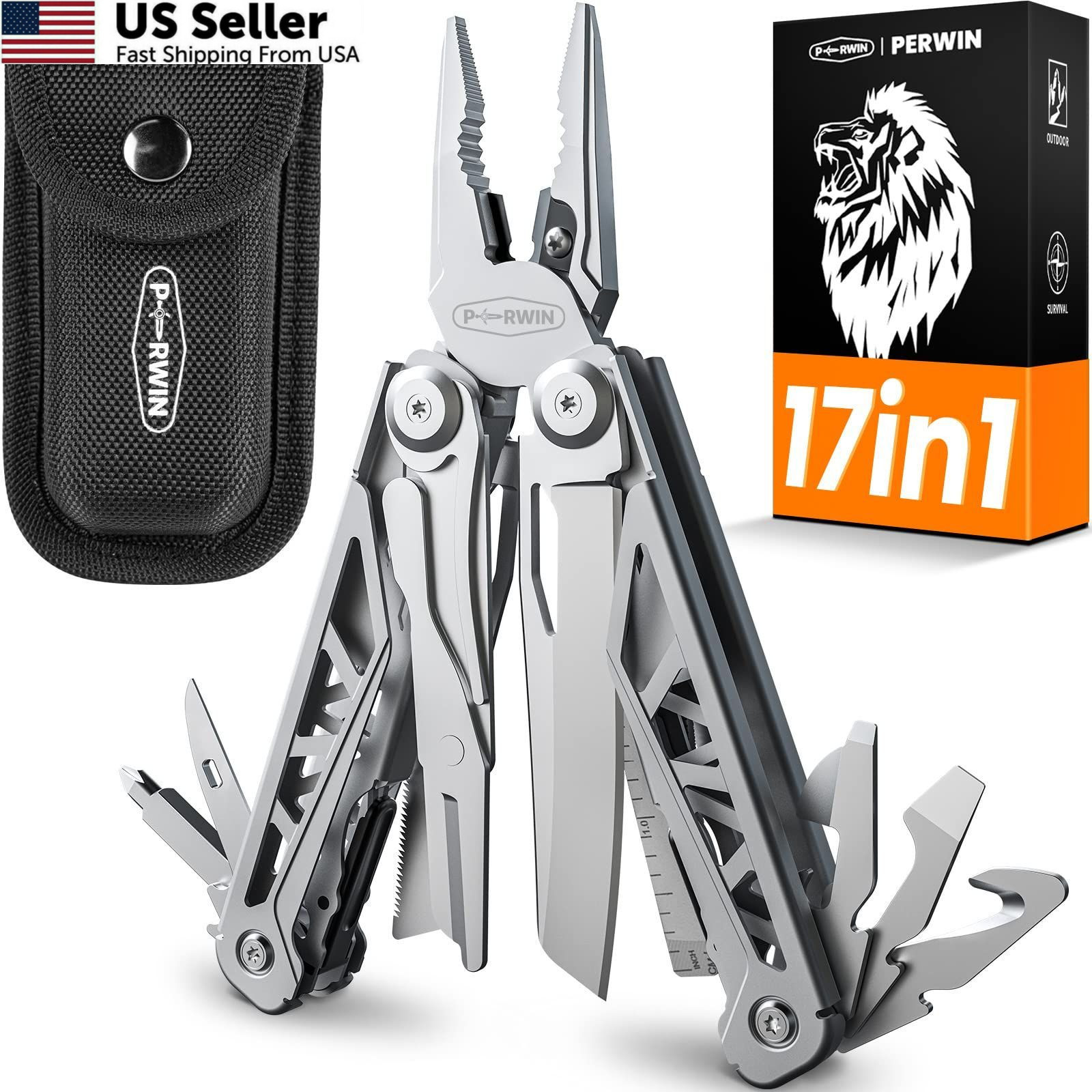 PERWIN Multitool, 17-in-1 Stainless Steel Multi Tool Pliers 17 in 1, Silver gallery