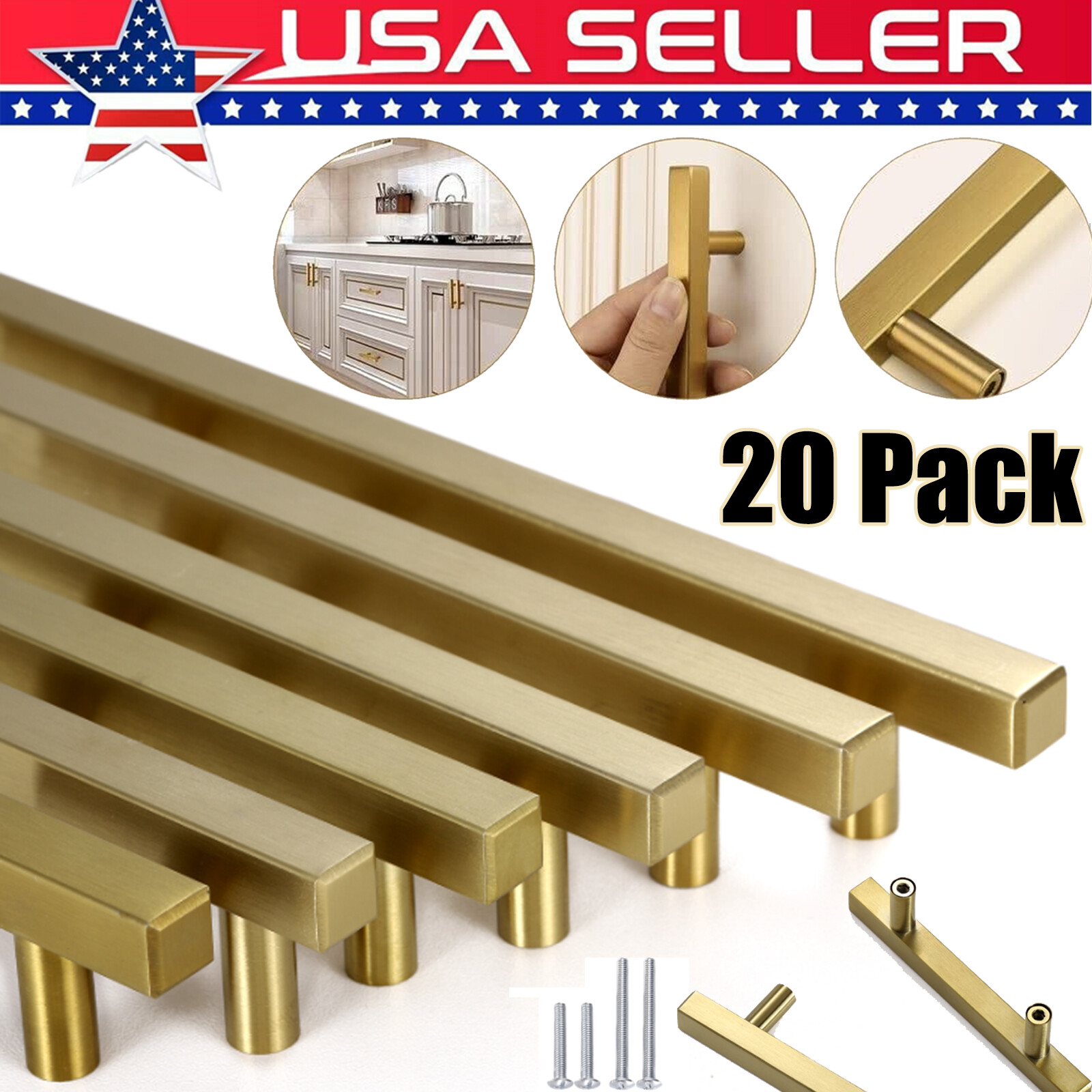 20 Pack Stainless Steel Brushed Gold Kitchen Cabinet Handles Square Drawer Pulls gallery