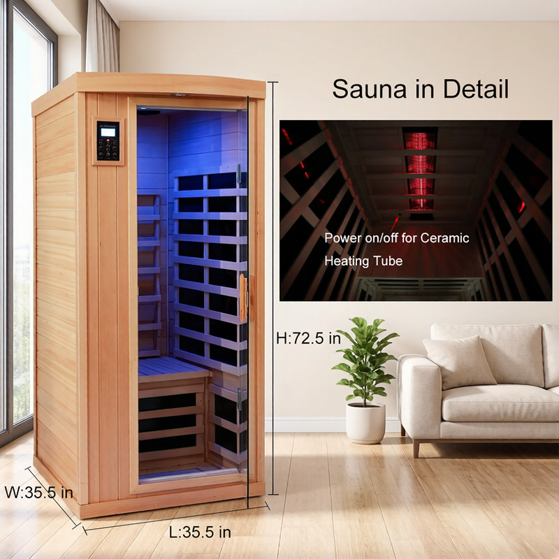 Far Infrared Sauna plus Ceramic Heating Tube Max 149F Hemlock for 1Person 1300W gallery