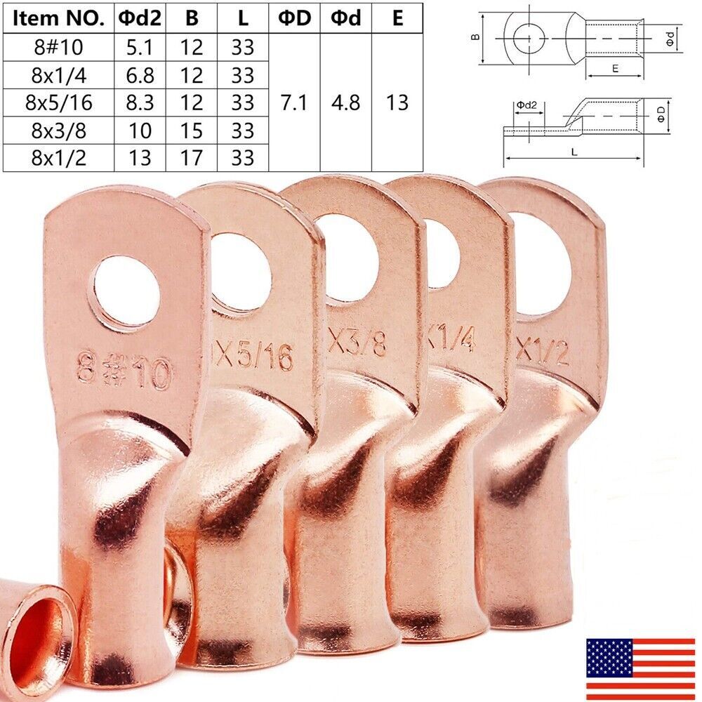 Bare Copper Lugs Ring Terminals Battery Wire Welding Cable Connectors 8-4/0 AWG gallery