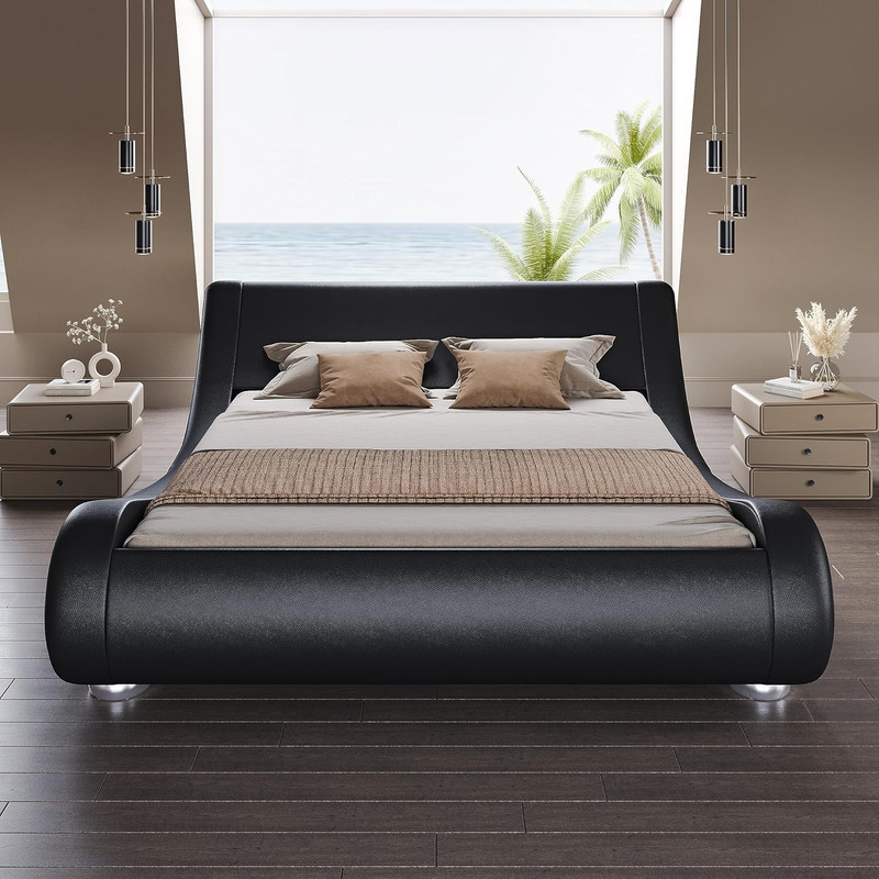SHA CERLIN Queen Size Upholstered Bed Frame, Deluxe Low Profile Sleigh Bed with gallery