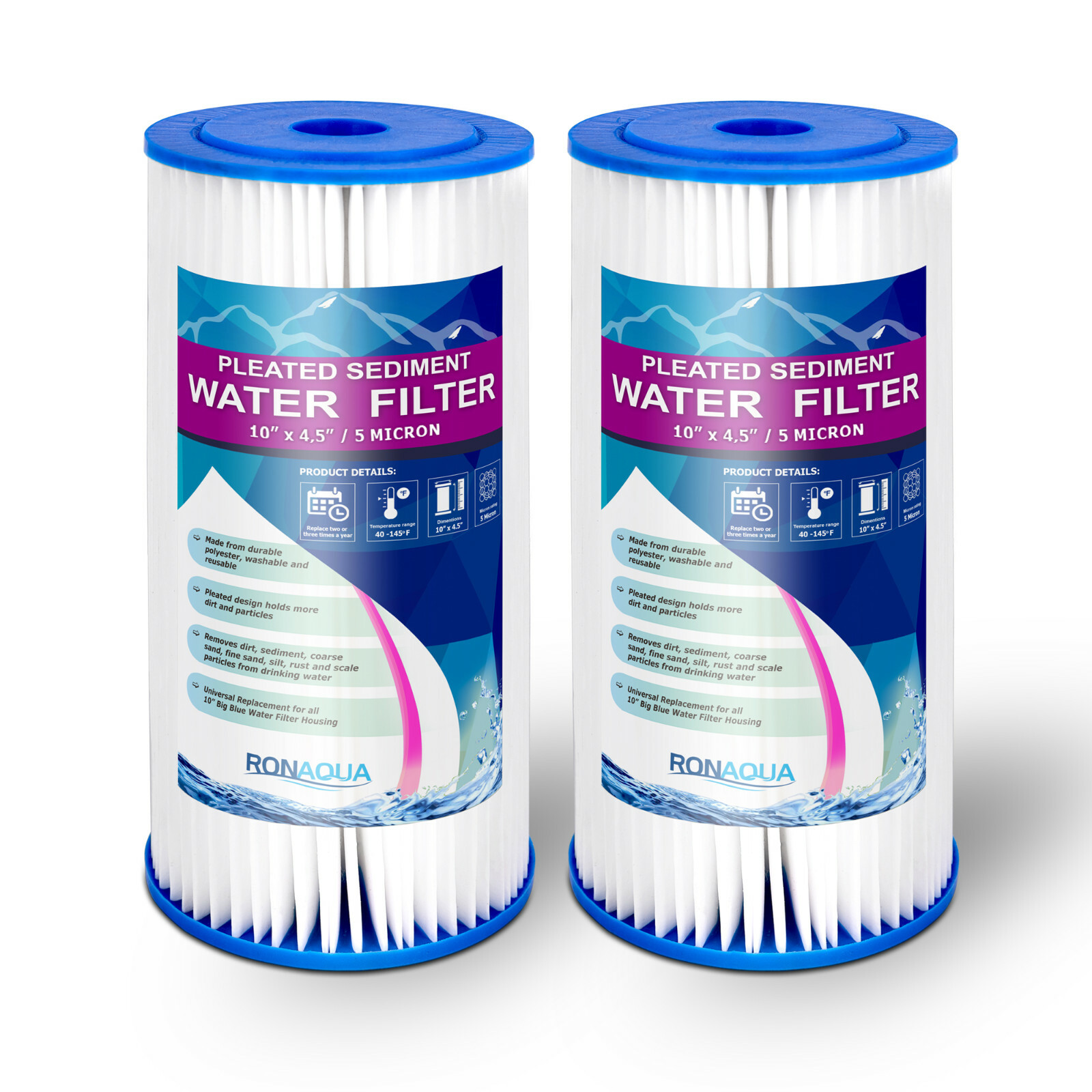 Big Blue Pleated Sediment Water Filters 2 Washable 5 Micron Cartridges 4.5 x 10 gallery