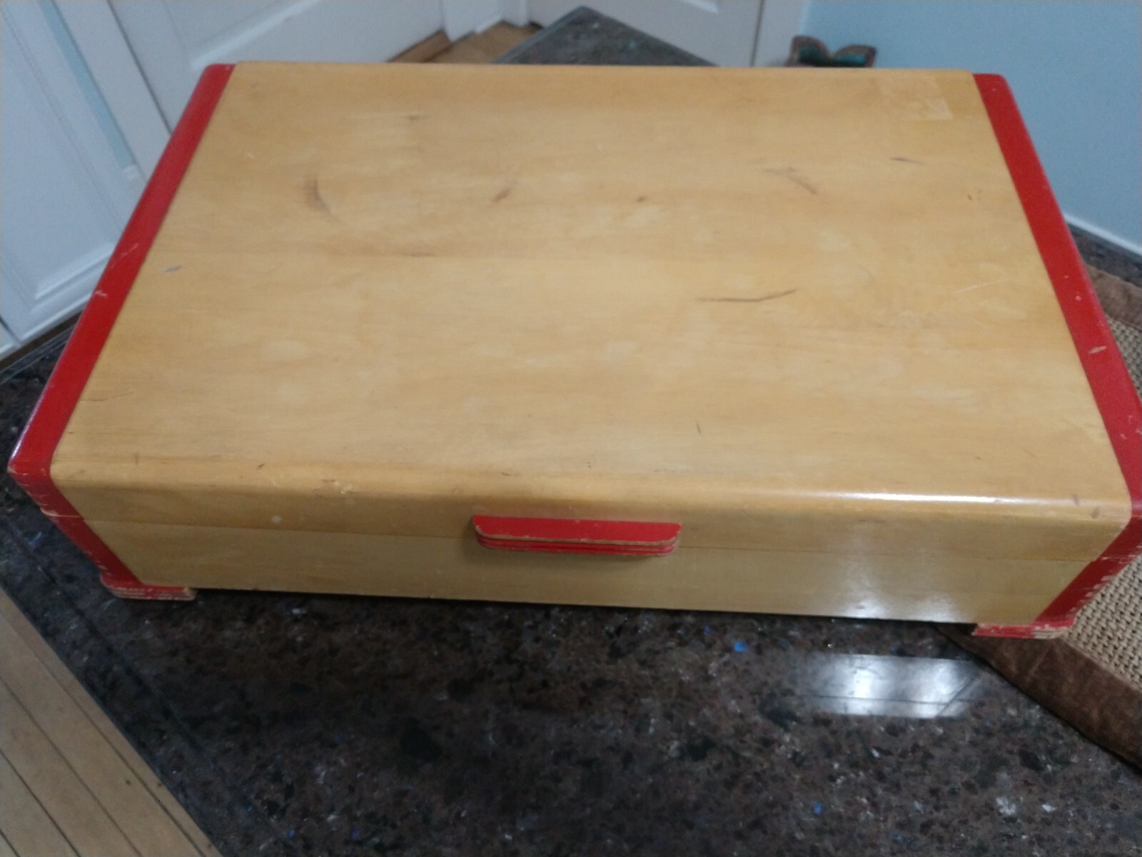 VTG Large Pine Tone & Chippy Red Solid Wood Silverware Flatware Chest Box gallery