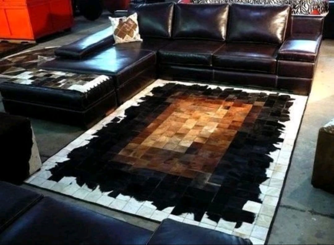 Handmade Leather Patchwork Rug Brown Black Area Carpet Modern Living Room gallery