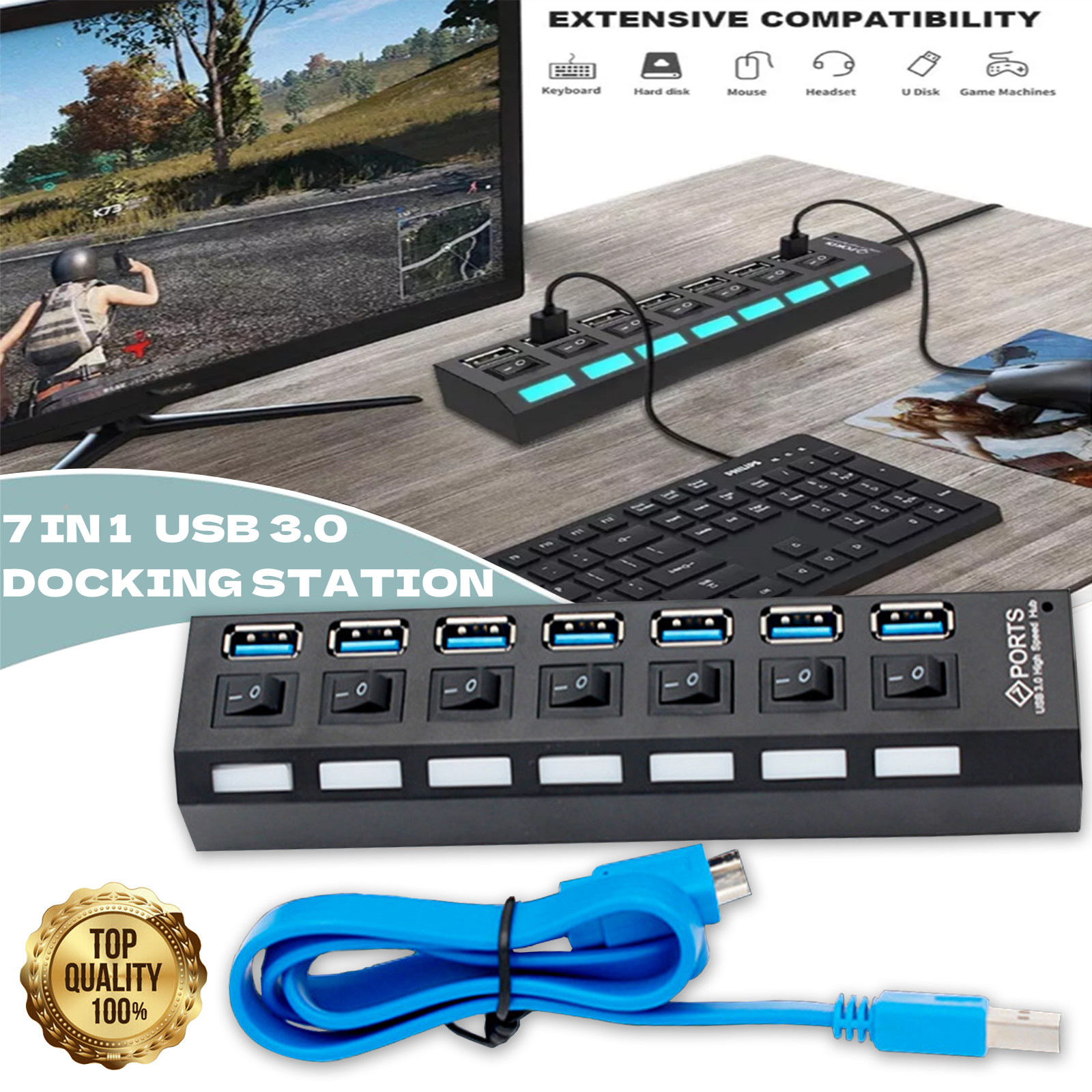 USB 3.0 Hub 7 Port On/Off Switch High Speed Splitter AC Adapter Cable PC Laptop gallery