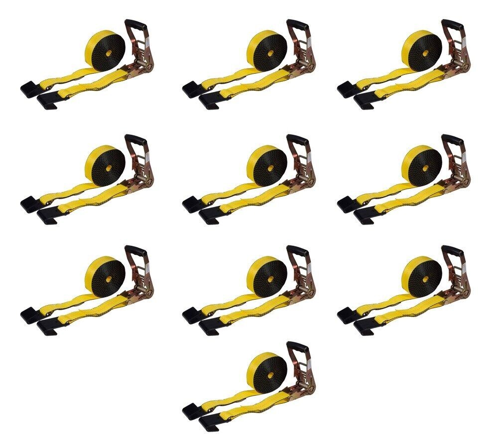 10 Pack 2"x27' Ratchet Strap Flat Hook 12,000lb Breaking Strength 4,000lb WLL