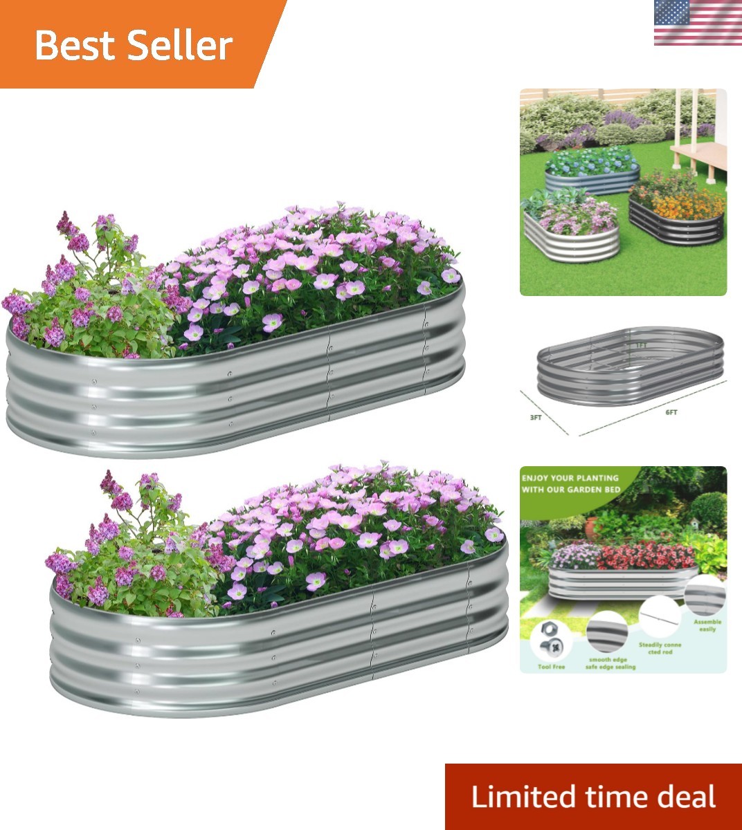 2 Pack Galvanized Raised Garden Bed Metal Oval Raised Garden Beds Outdoor Pla... gallery