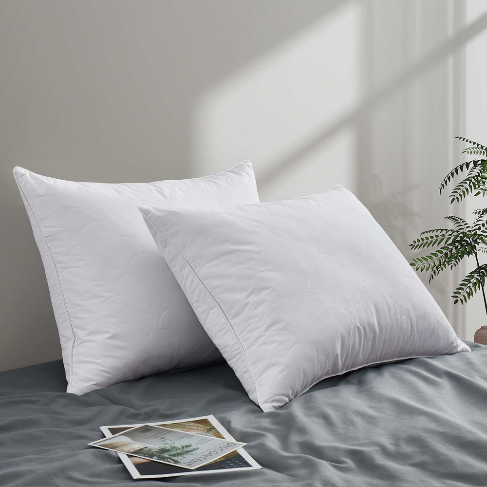 2 Pack Soft Quilted Feather Bed Pillows King or Queen, Anti Feather Poke Cover