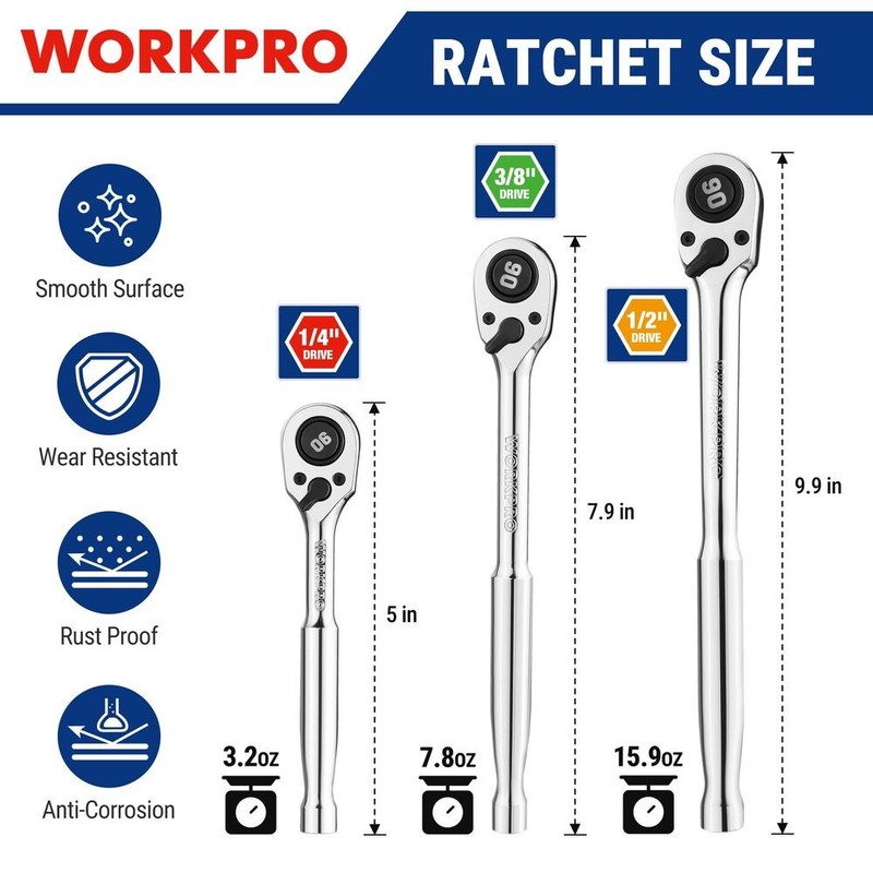 WORKPRO 3-Piece Low Profile Drive Ratchet 1/4" 3/8" 1/2" 90-Tooth Ratchet Wrench gallery