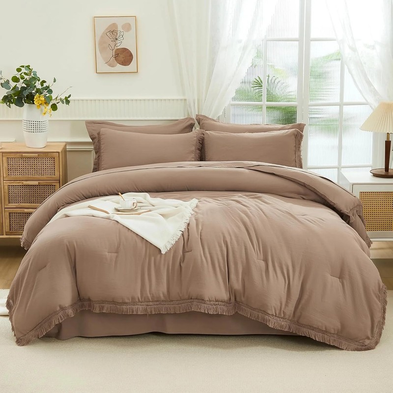 Andency Oversized King Comforter Set with Sheets 128x120 Taupe - 7 Pieces Bed in gallery