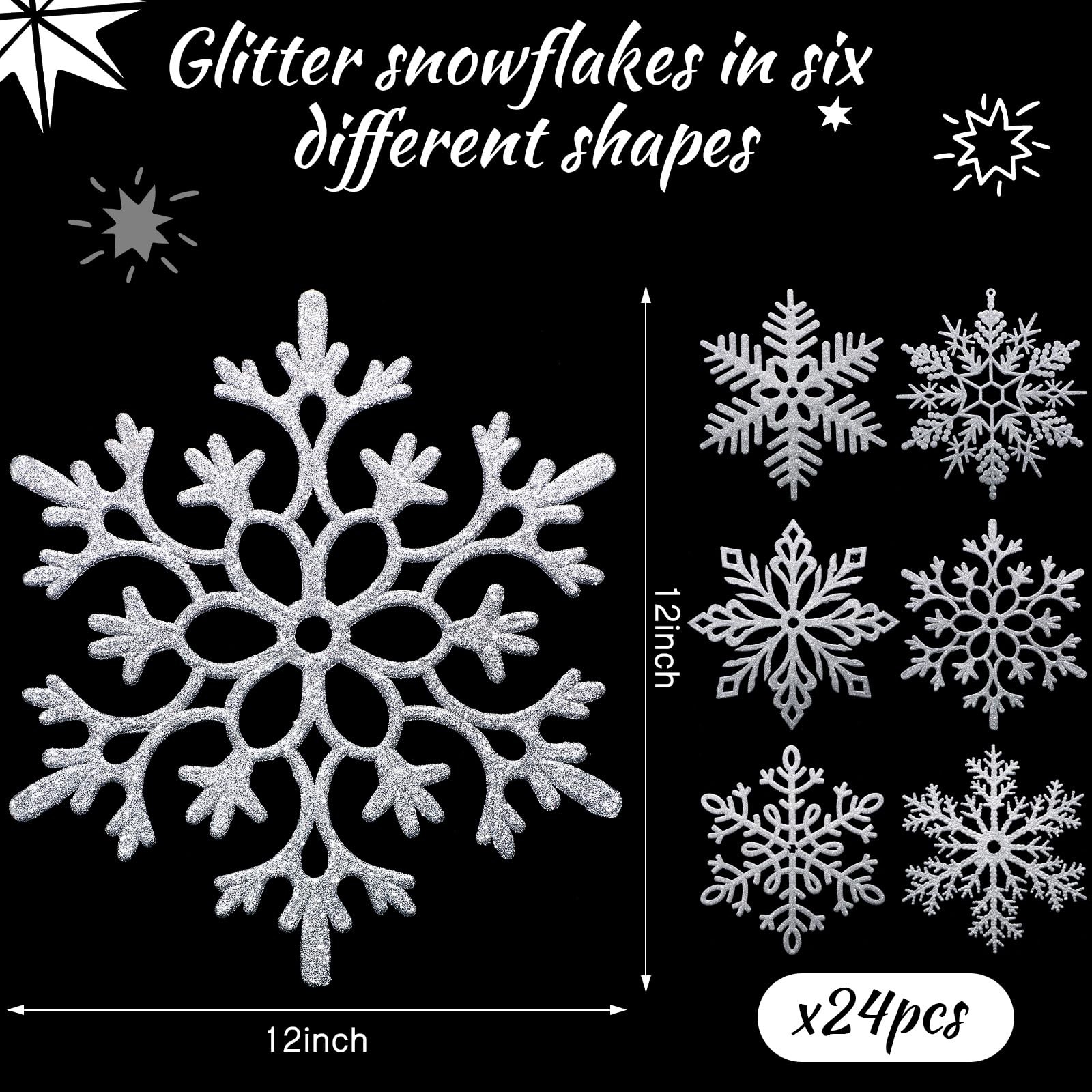 Sratte 24 Pack Large Glitter Snowflakes Ornaments 12" Plastic Giant Winter Ch... gallery