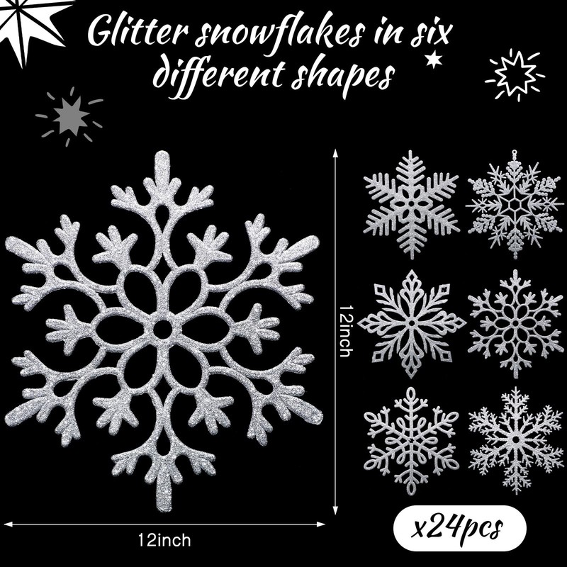 Sratte 24 Pack Large Glitter Snowflakes Ornaments 12" Plastic Giant Winter Ch... gallery