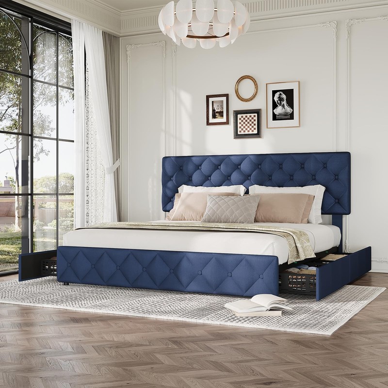 Full Queen King Size Linen Upholstered Platform Bed Frame with 4 Storage Drawers gallery