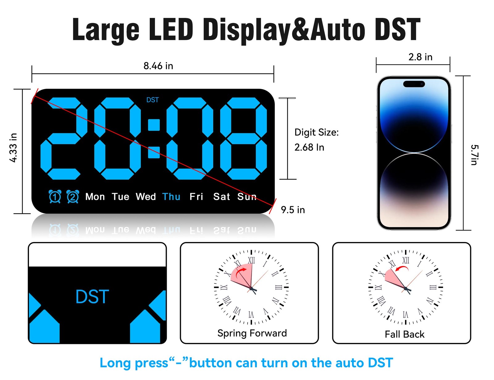 9.5 Inch Large Digital Wall Clock LED Display Auto DST Dual Alarm Snooze Blue gallery