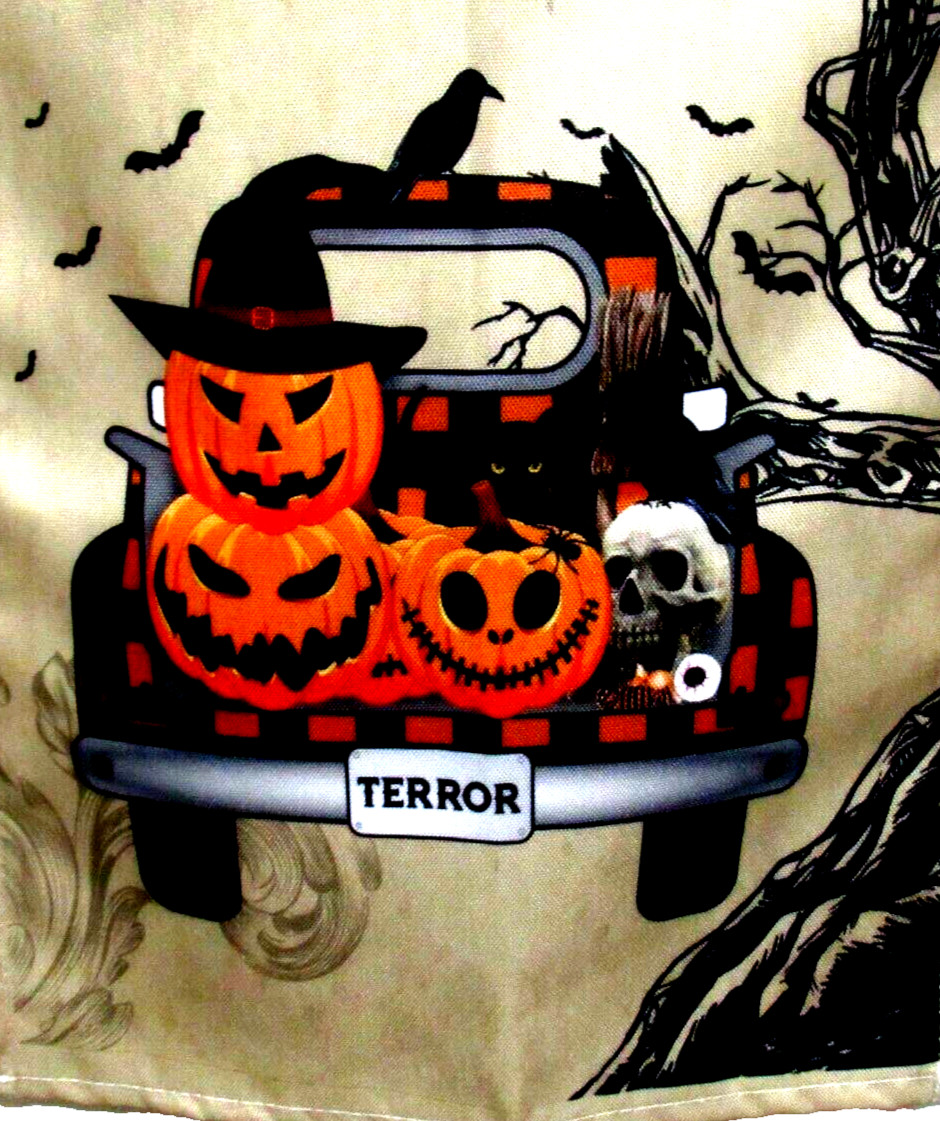 Halloween Table Runner 70" X 12" Black Truck Terror Pumpkins Bats Skulls Raven gallery