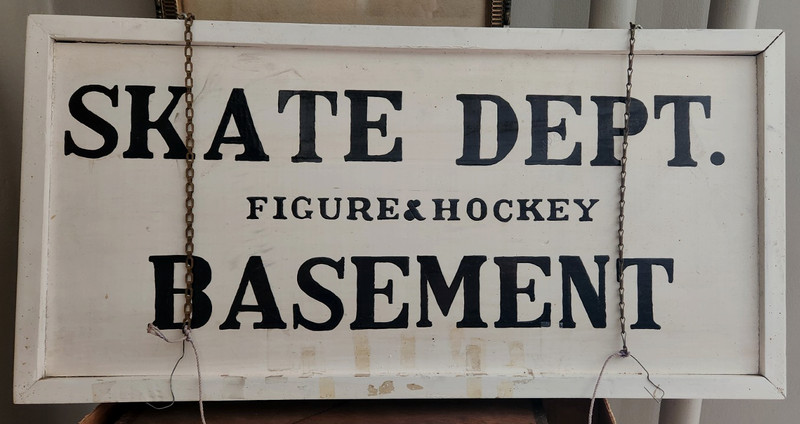 OLD Hand Painted Sporting Goods Store Sign SKATE DEPT. HOCKEY Double Sided WOOD gallery