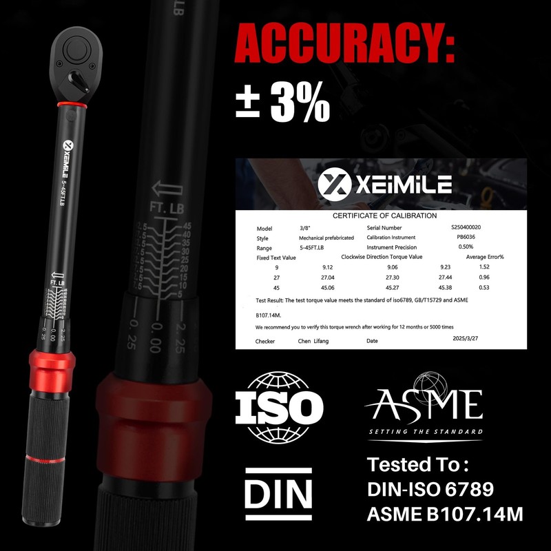 XEIMILE 3/8" 5-45 Ft-Lb Adjustable Click Torque Wrench (6.8-61Nm), 3% 72T. gallery