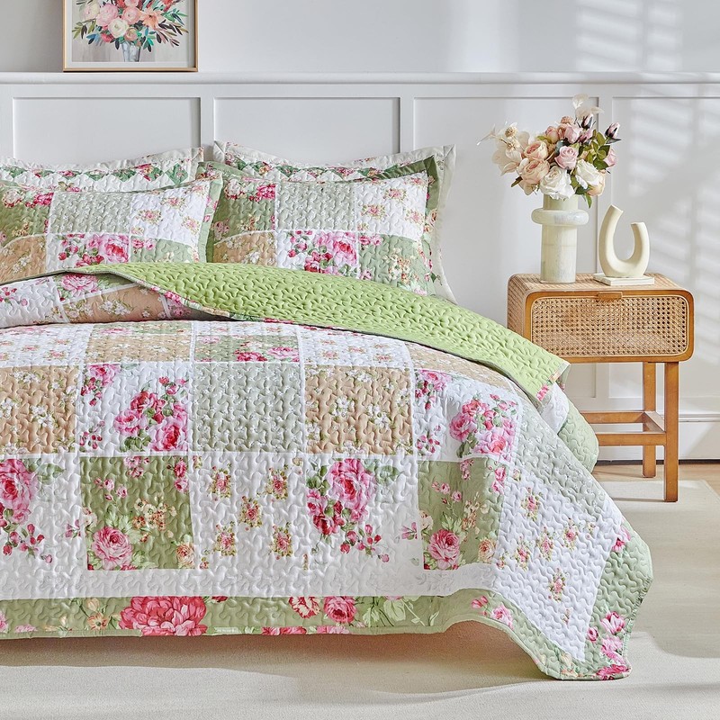 Patchwork Quilt Set King Size,3 Pieces Green White Pink Floral Plaid Reversib... gallery