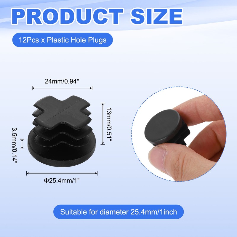 12Pcs 1"(25.4mm) Plastic Hole Plug, Round Tubing End Cap End Inserts, Black gallery