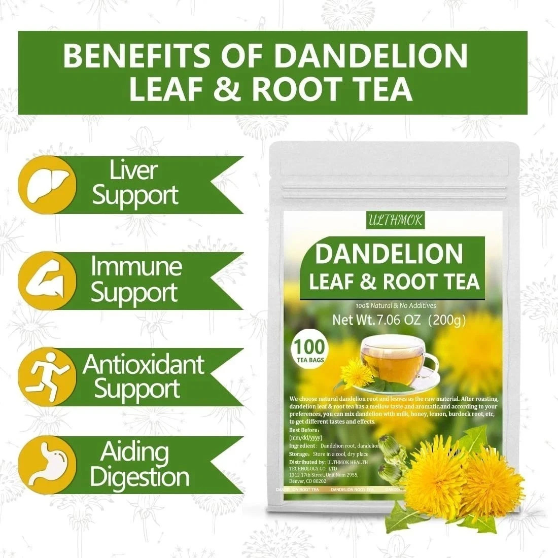 Dandelion Tea 100-Leaf & Root Herbal Tea Bags for Liver & Kidney Health Detox gallery