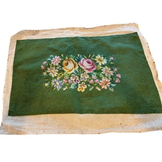 Handcrafted Needlepoint Floral Panel Unisex 23x14 Green Excellent Vintage Rose gallery
