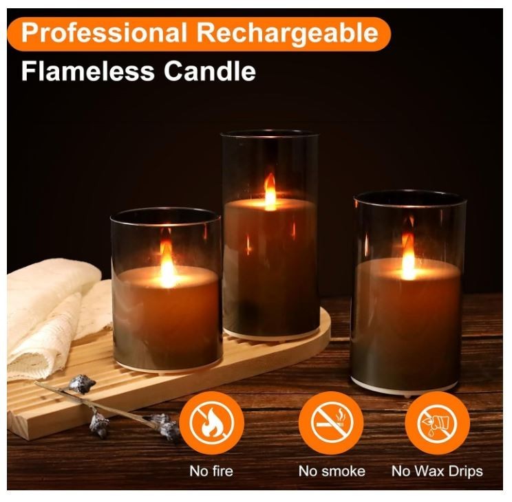200 Hour Flameless Candles with Remote, Rechargeable Flickering Glass Gray 3PCS gallery