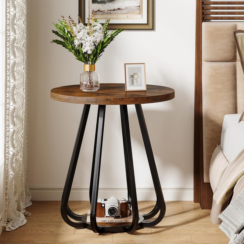 Small Round End Table for Living Room, 2-Tier Wooden Side Table with Metal Frame gallery