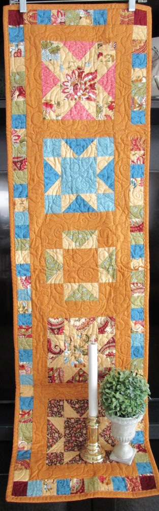 Handmade QUILTED TABLE RUNNER, STAR EARTH TONES, PATCHWORK, 15" BY 53", NEW
