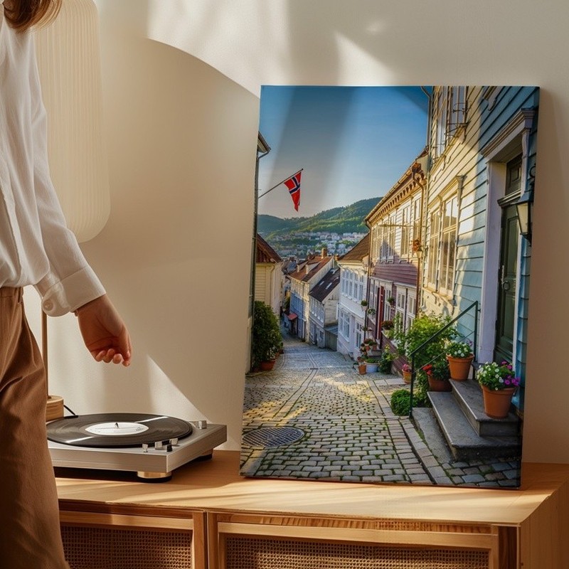 Wall Art Charming Cobblestone Street In Bergen, Norway, Lined With Canvas Print gallery
