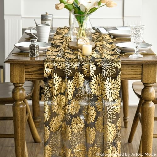 Dahlia Flower Gauze Table Runner 120 Inch 10FT, Glitter 28" x 120" Black Gold gallery